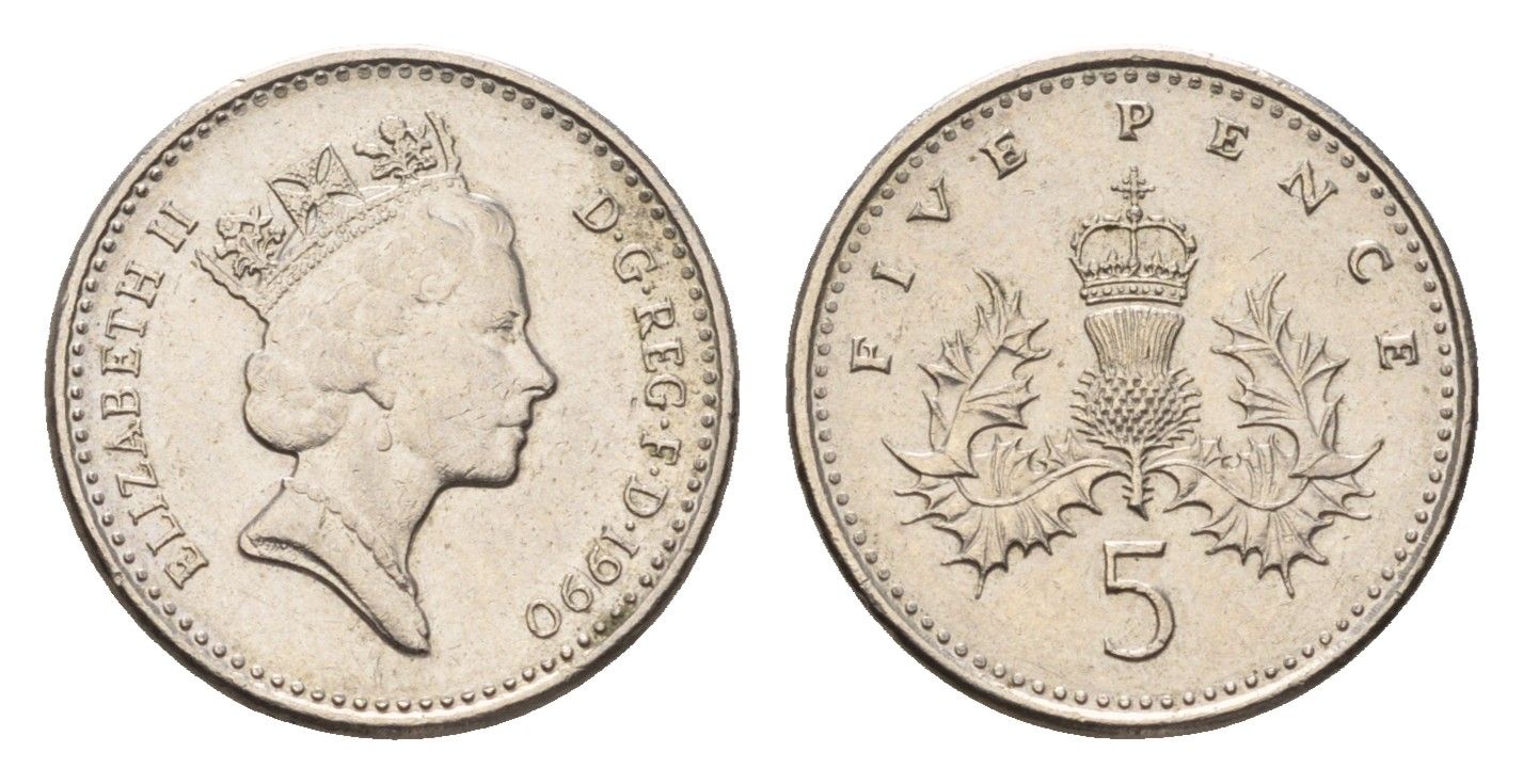 Великобритания 5 пенсов 1990 Елизавета II (1952-2022) KM 937b, Spink 4372 (D4) медно-никель 4685-148