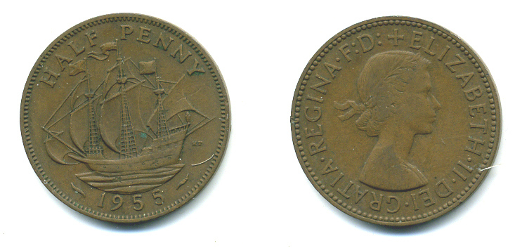 Великобритания 1/2 пенни 1955 Елизавета II (1952-2022) KM 896, Spink 4158 бронза 4383-1036