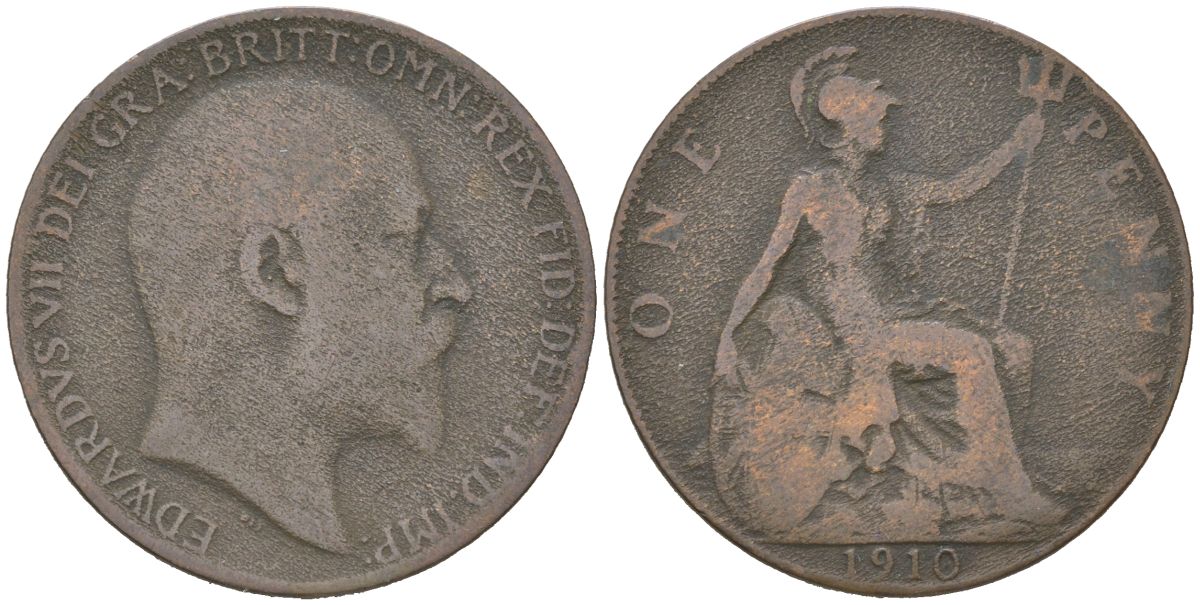 Великобритания 1 пенни 1910 Эдуард VII (1901-1910) KM 794.2, Spink 3990 бронза 221-1242