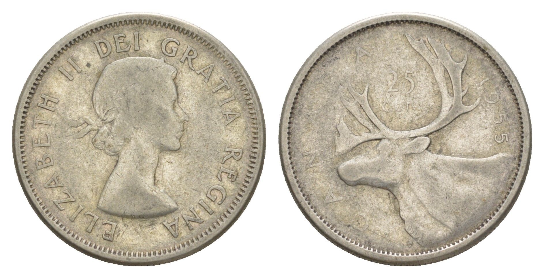 Канада 25 центов 1955 Елизавета II (1952-2022), олень KM 52 серебро 73-1436