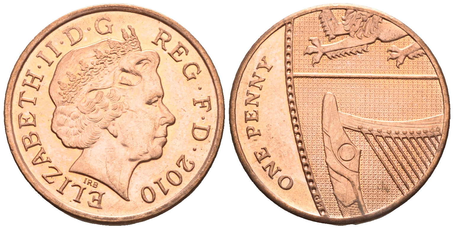 Великобритания 1 пенни 2010 Елизавета II (1952-2022) KM 1107, Spink B6 сталь плакированная медью 4609-715