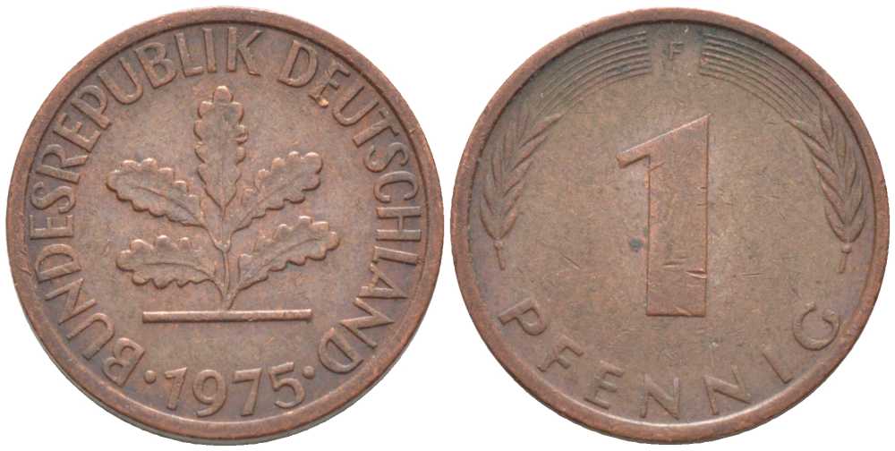 ФРГ 1 ПФЕННИГ 1975 F KM 105, J. 380 сталь плакированная медью 116-364