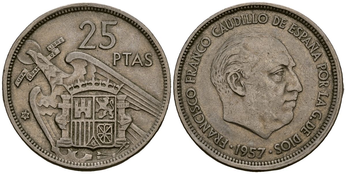 Испания 25 песет 1957 Франсиско Франко (1939 - 1975) KM 787 медно-никель 4168-1016