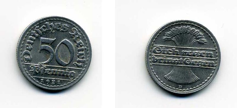 ГЕРМАНИЯ 50 ПФЕННИГОВ 1921 D KM 27, J. 301 алюминий 29-322