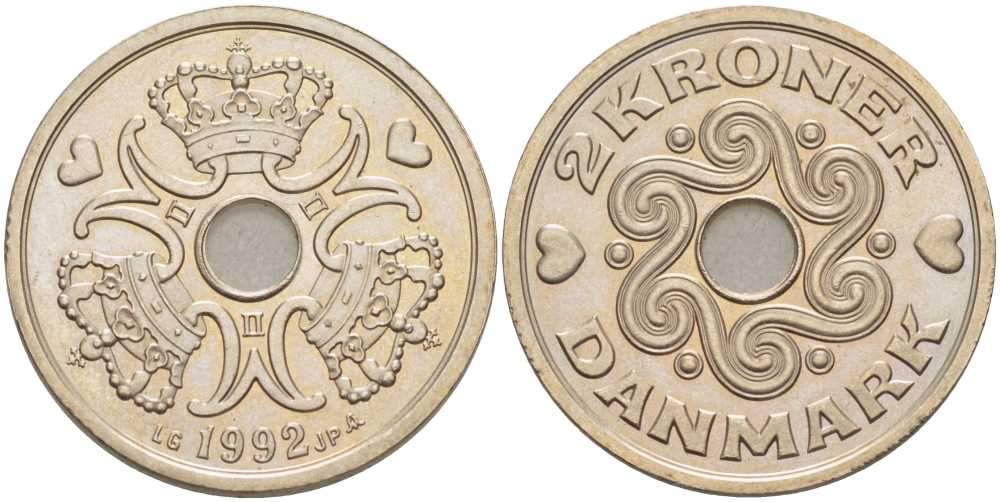 Дания 2 кроны 1993 LG; JP; A, Маргрете II (1972- ) KM 874.1 медно-никель 202-835