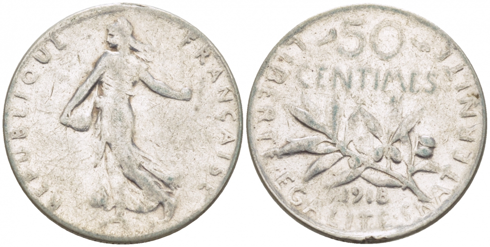 ФРАНЦИЯ 50 САНТИМОВ 1918 KM 854 серебро 3309-168