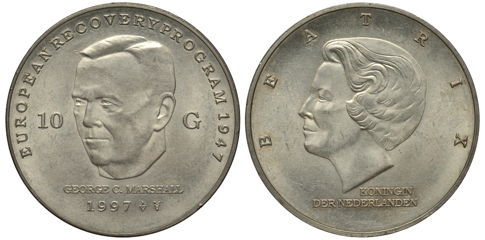 Нидерланды 10 гульденов 1997 Беатрикс (1980-2013), Джордж Маршалл KM 224 серебро UNC 413-3942