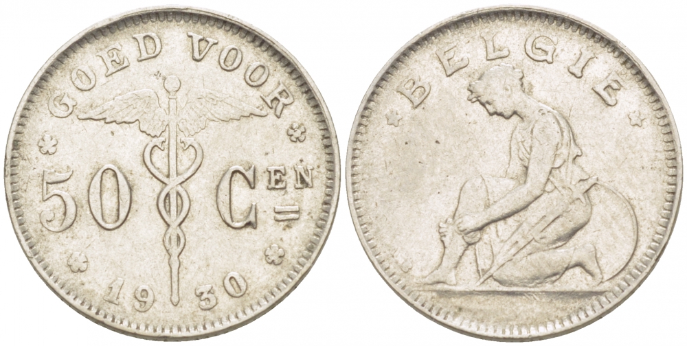 БЕЛЬГИЯ 50 САНТИМОВ 1930/20 BELGIE KM 88 никель 3996-1222