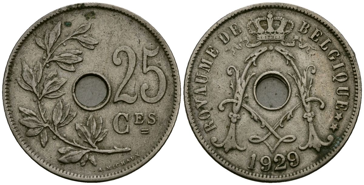 Бельгия 25 сантимов 1929 Belgique KM 68 медно-никель 4165-622