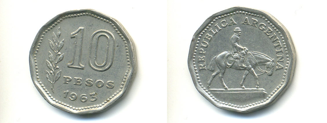 Аргентина 10 песо 1963 Гаучо KM 60 никелированная сталь 4379-1436