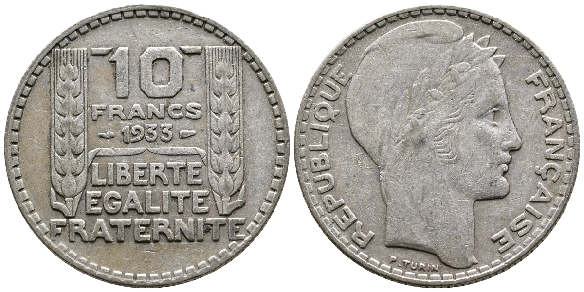 Франция 10 франков 1933 Пьер Тюрен KM 878, Le Franc 360.6 серебро 63-911