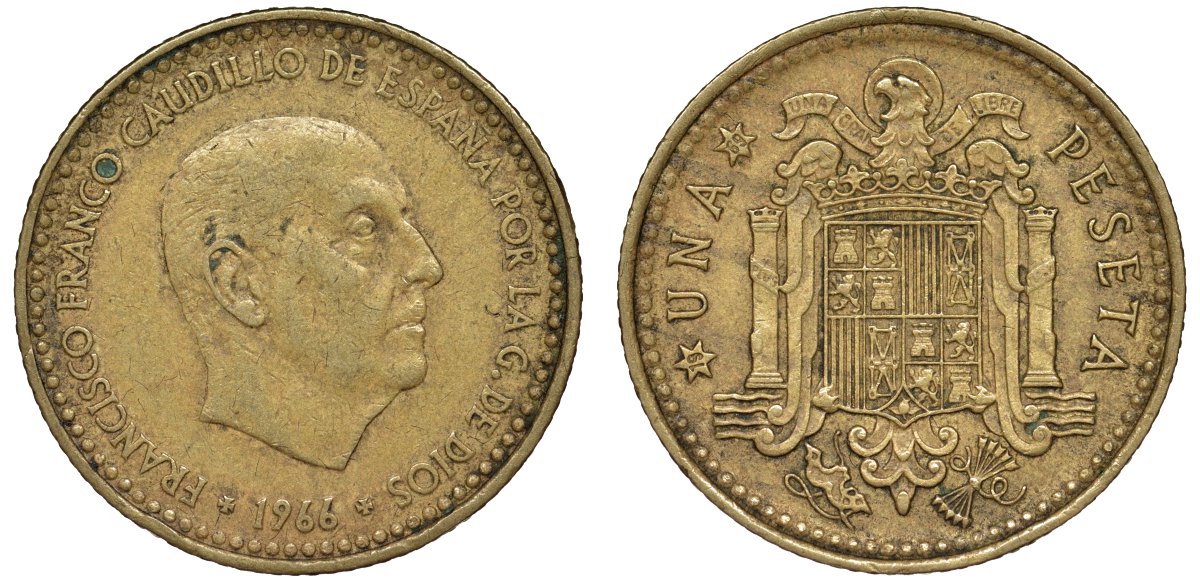 Испания 1 песета 1966 (69) Франсиско Франко (1939-1975) KM 796 алюминиевая бронза 4176-125