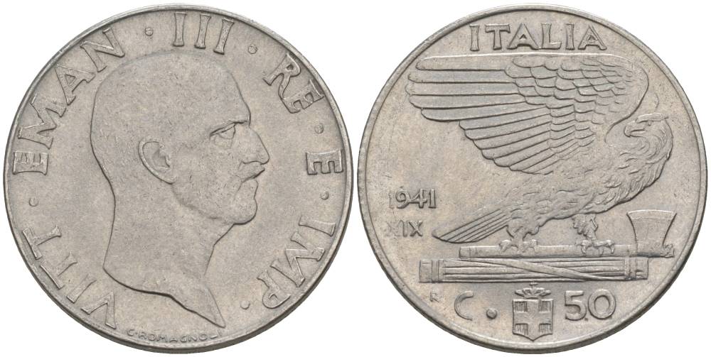 ИТАЛИЯ 50 ЧЕНТЕЗИМО 1941 R, ГОД XIX, ВИКТОР ЭММАНУИЛ III (1900-1946) KM 76b, VEM3. 1063 нержавеющая сталь 3853-345
