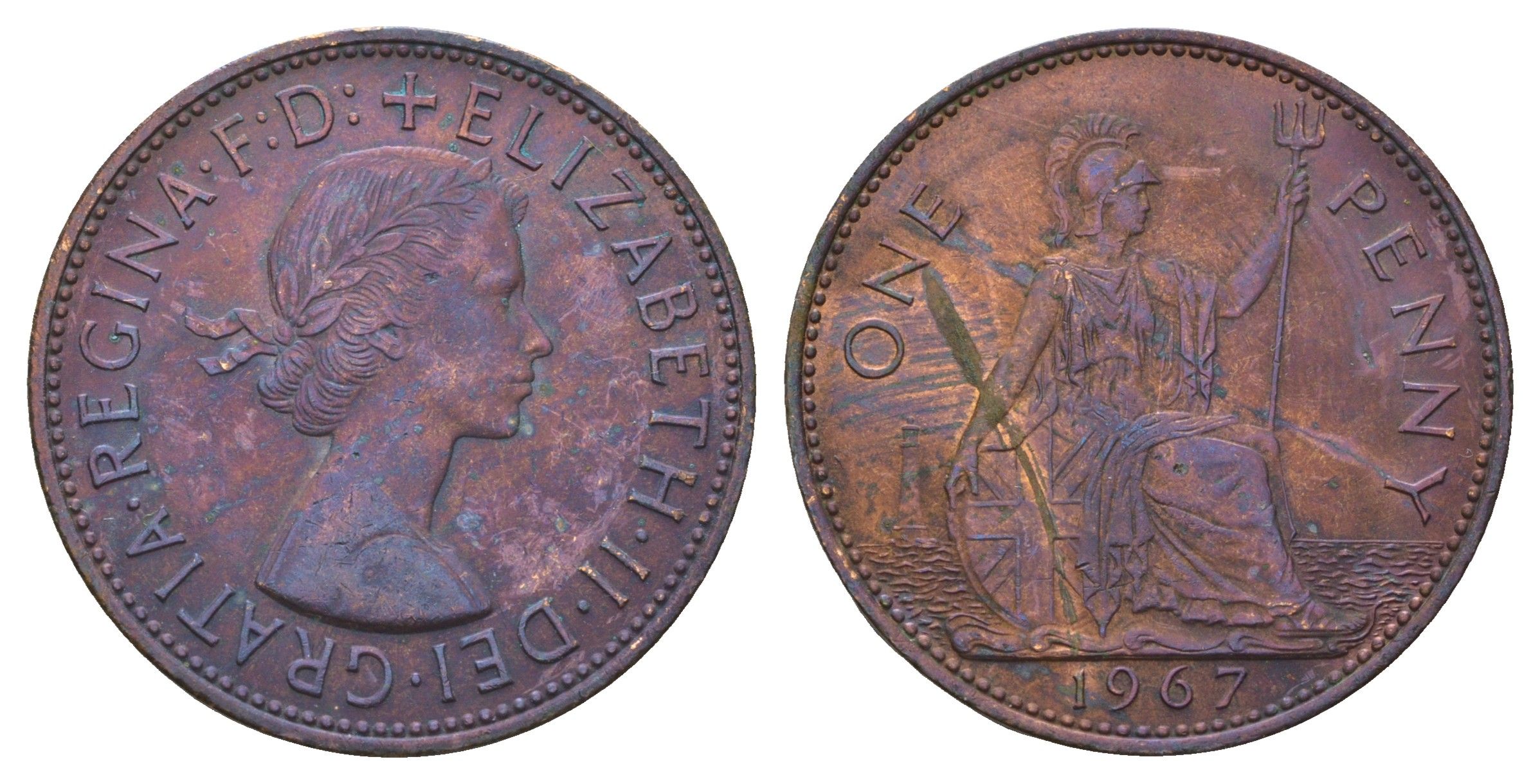 Великобритания 1 пенни 1967 Елизавета II (1952-2022) KM 897, Spink 4157 бронза 3855-1045