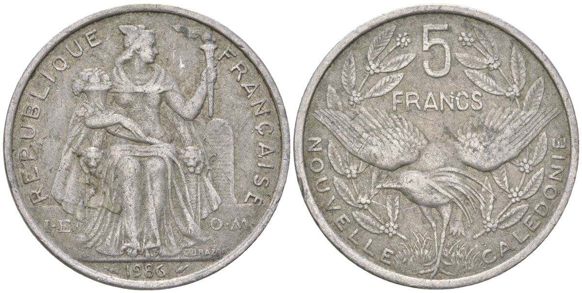 Французская Новая Каледония 5 франков 1986 птица кагу, (IEOM) KM 16, Schoen 12, Lec 76 алюминий 180-616