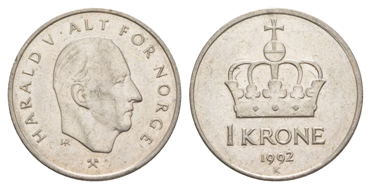 Норвегия 1 крона 1992 Харальд V (1991-) KM 436 медно-никель 4635-733