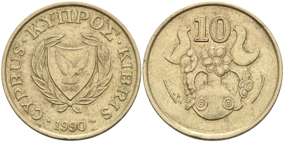 Кипр 10 центов 1990 ваза с птичками KM 56.3 никель латунь 4571-1026