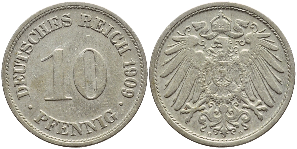 ГЕРМАНИЯ 10 ПФЕННИГОВ 1909 D KM 12, J 13 медно-никель 4395-1235