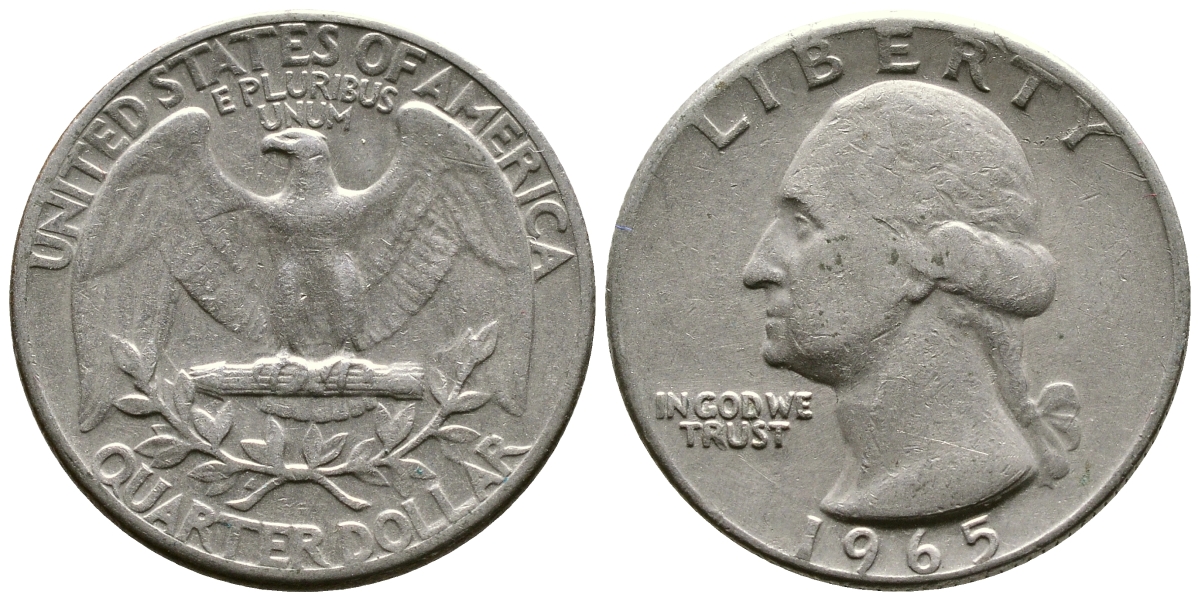 США 25 центов (квотер) 1965 Вашингтон KM 164а медь плакированная медно-никелем 4364-2216