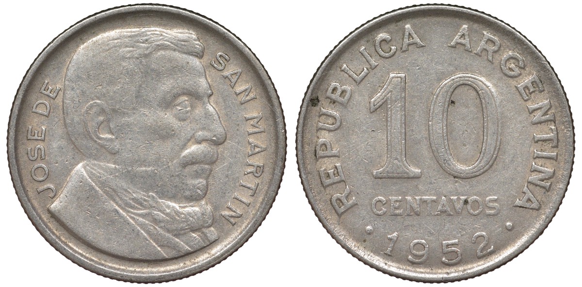 Аргентина 10 сентаво 1952 генерал Хосе де Сан Мартин KM 47 медно-никель 4164-315