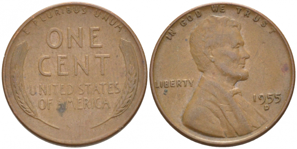 США 1 ЦЕНТ 1955 D ЛИНКОЛЬН KM А132 медь цинк 3309-234