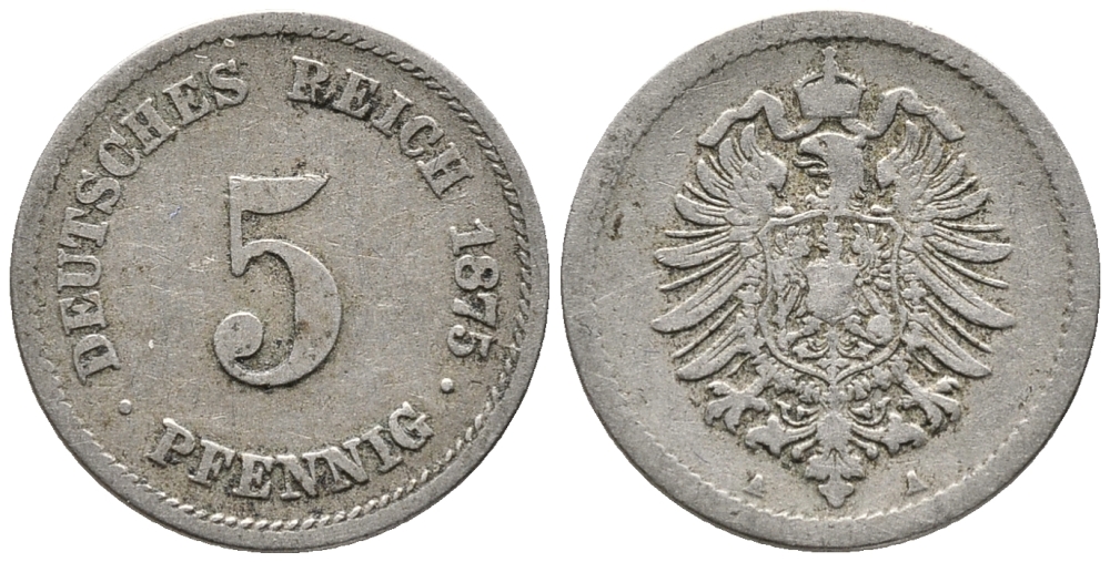 ГЕРМАНИЯ 5 ПФЕННИГОВ 1875 A, СТАРОГЕРБОВКА KM 3, J. 3 медно-никель 39-338
