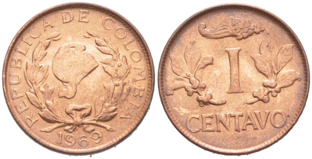 Колумбия 1 сентаво 1969 KM 205а сталь плакированная медью 218-1126