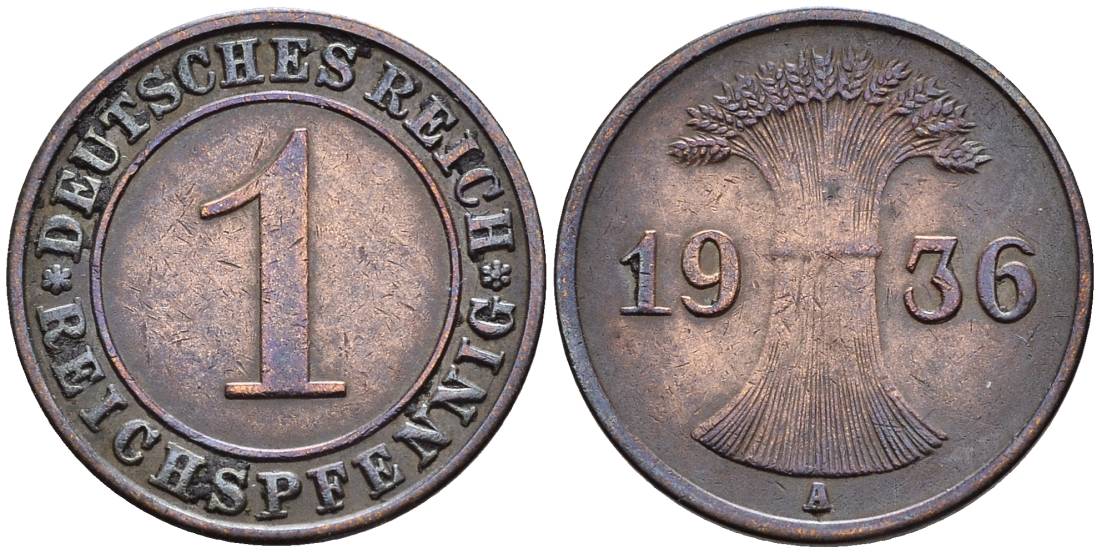 ГЕРМАНИЯ 1 РЕЙХСПФЕННИГ 1936 A KM 37, J. 313, Weege 2 бронза 4547-225