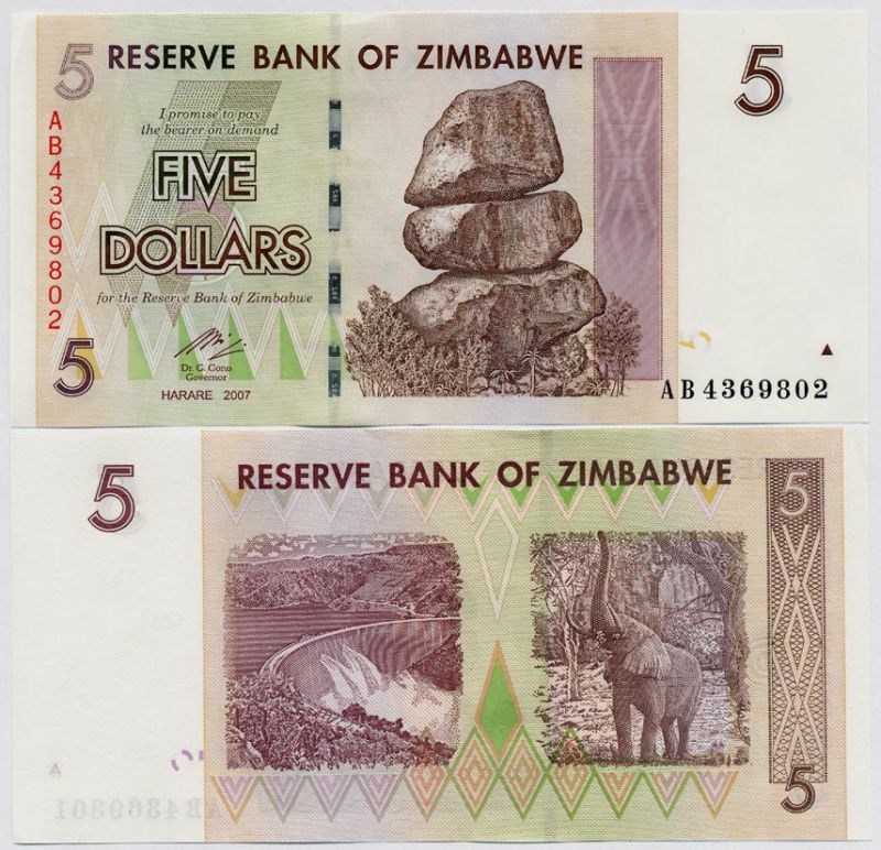 Зимбабве 5 долларов 2007 Кариба ГЭС, слон Pick 66 бумага UNC (пресс) 448-49-2
