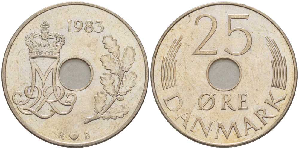 ДАНИЯ 25 ЭРЕ 1983 R; B, МАРГРЕТЕ II (1972-) KM 861.3 медно-никель 94-921