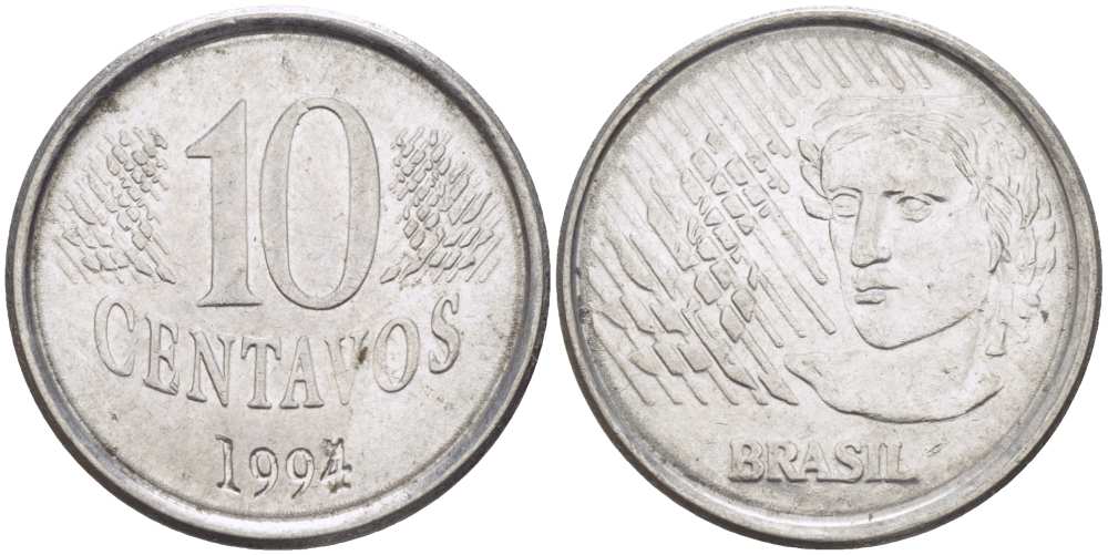Бразилия 10 сентаво 1994 голова свободы KM 633 нержавеющая сталь 54-1437