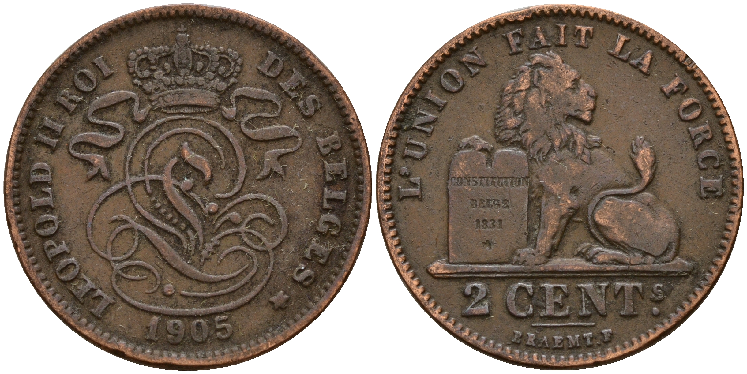 Бельгия 2 сантима 1905 Belges KM 64 медь    4187-413