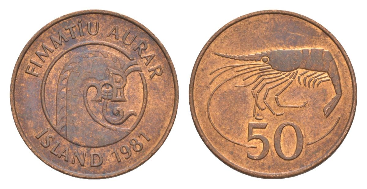 Исландия 50 эйре 1981 креветка KM 26 бронза aUNC 4632-955