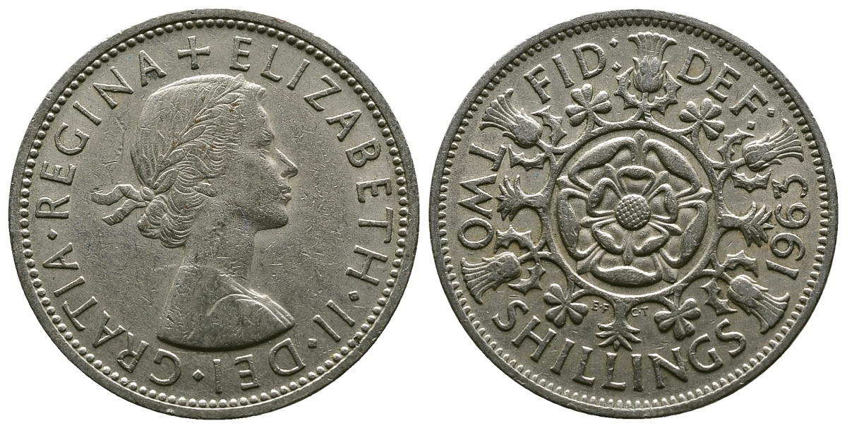 Великобритания 2 шиллинга (флорин) 1963 Елизавета II (1952-2022) KM 906, Spink 4146 медно-никель 4382-426