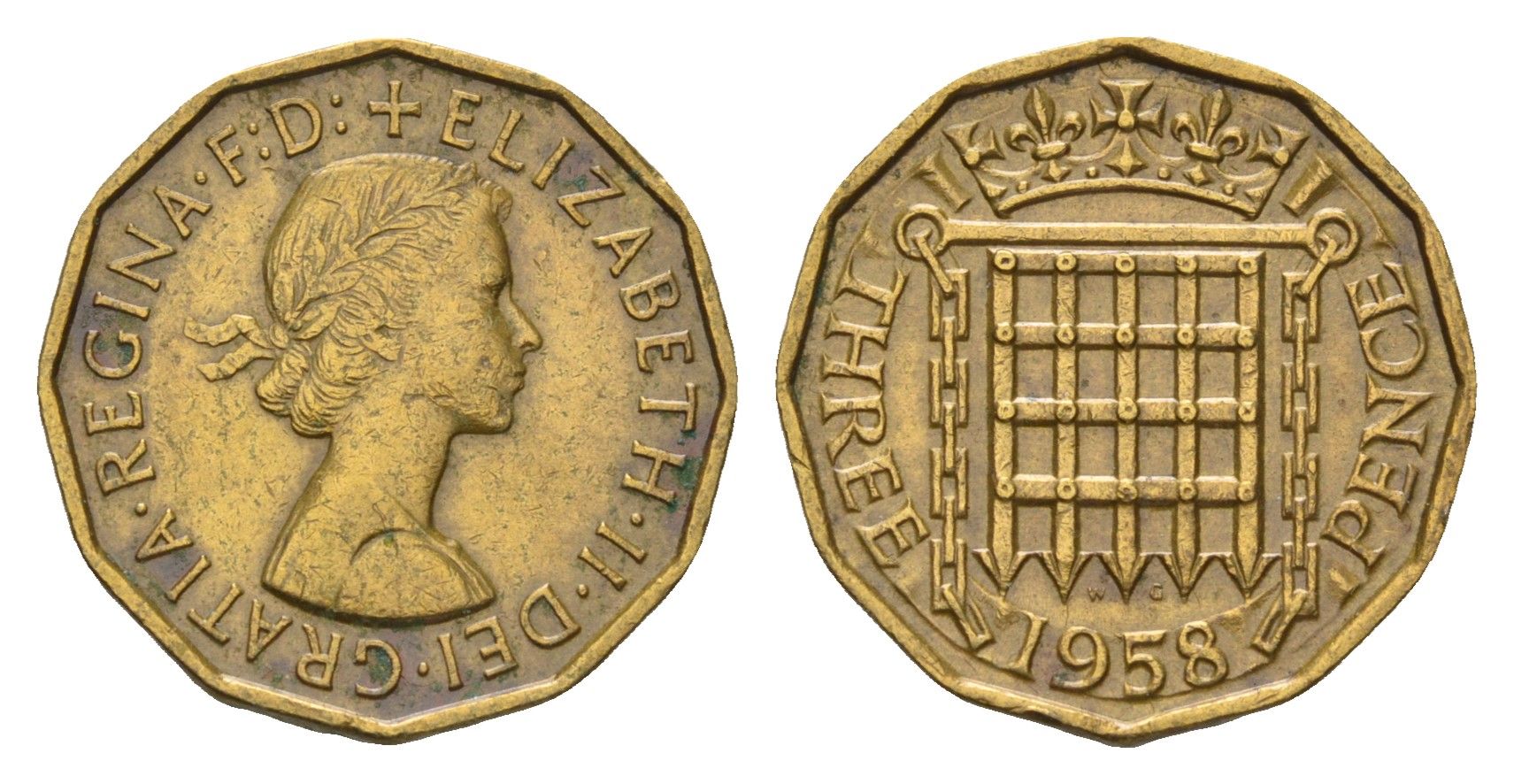 Великобритания 3 пенса 1958 Елизавета II (1952-2022) KM 900, Spink 4153 никель латунь 85-457