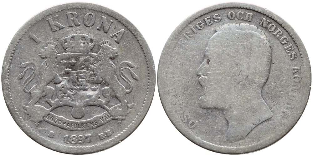 Швеция 1 крона 1897 ЕВ, Оскар II (1872-1907) король Швеции и Норвегии KM 760 серебро 1530-913