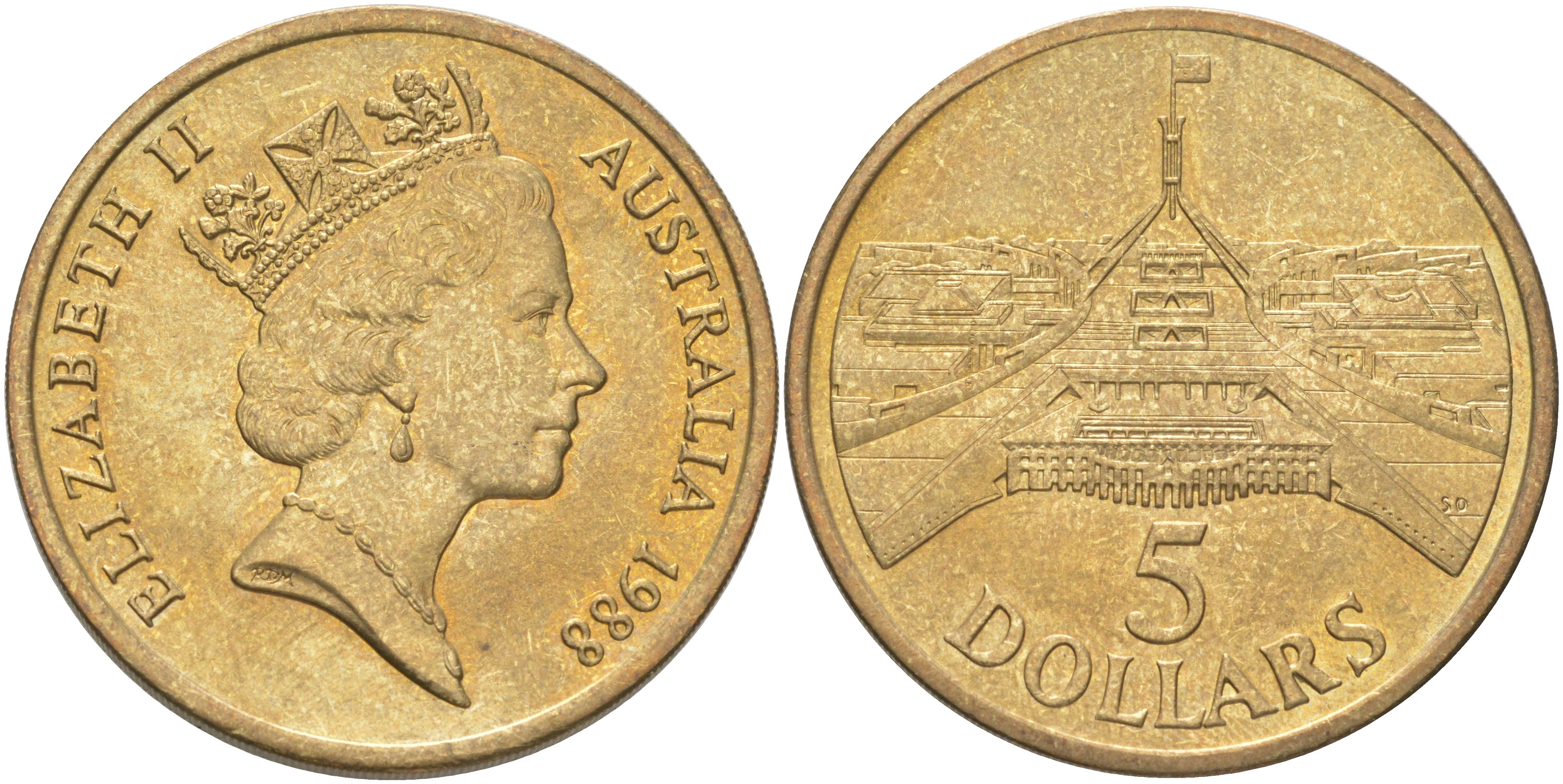 Австралия 5 долларов 1988 Здание парламента KM 102 алюминиевая бронза UNC 1088-5-31