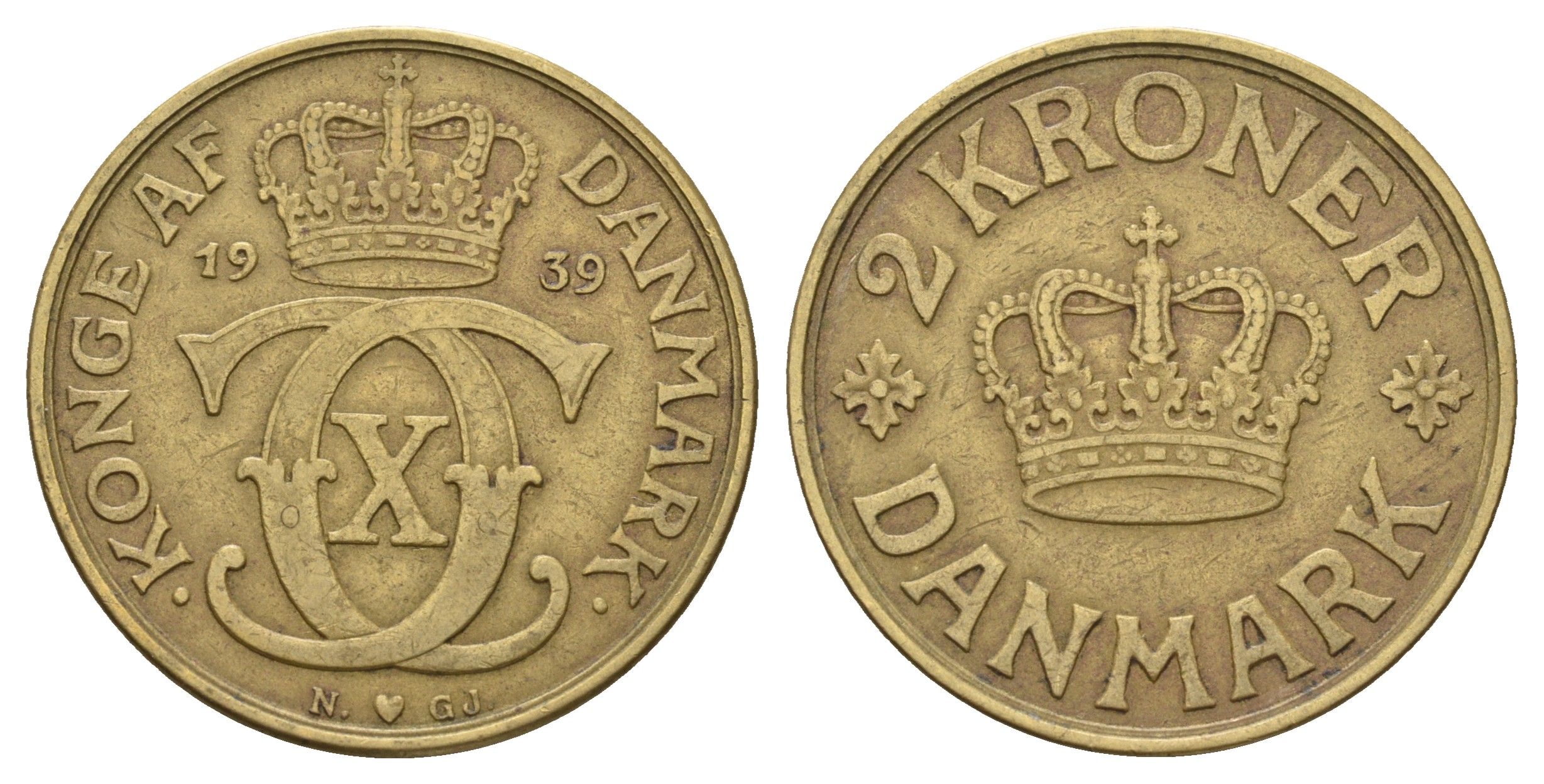 Дания 2 кроны 1939 N; GJ, Кристиан X (1912-1947) KM 825 алюминиевая бронза 84-716