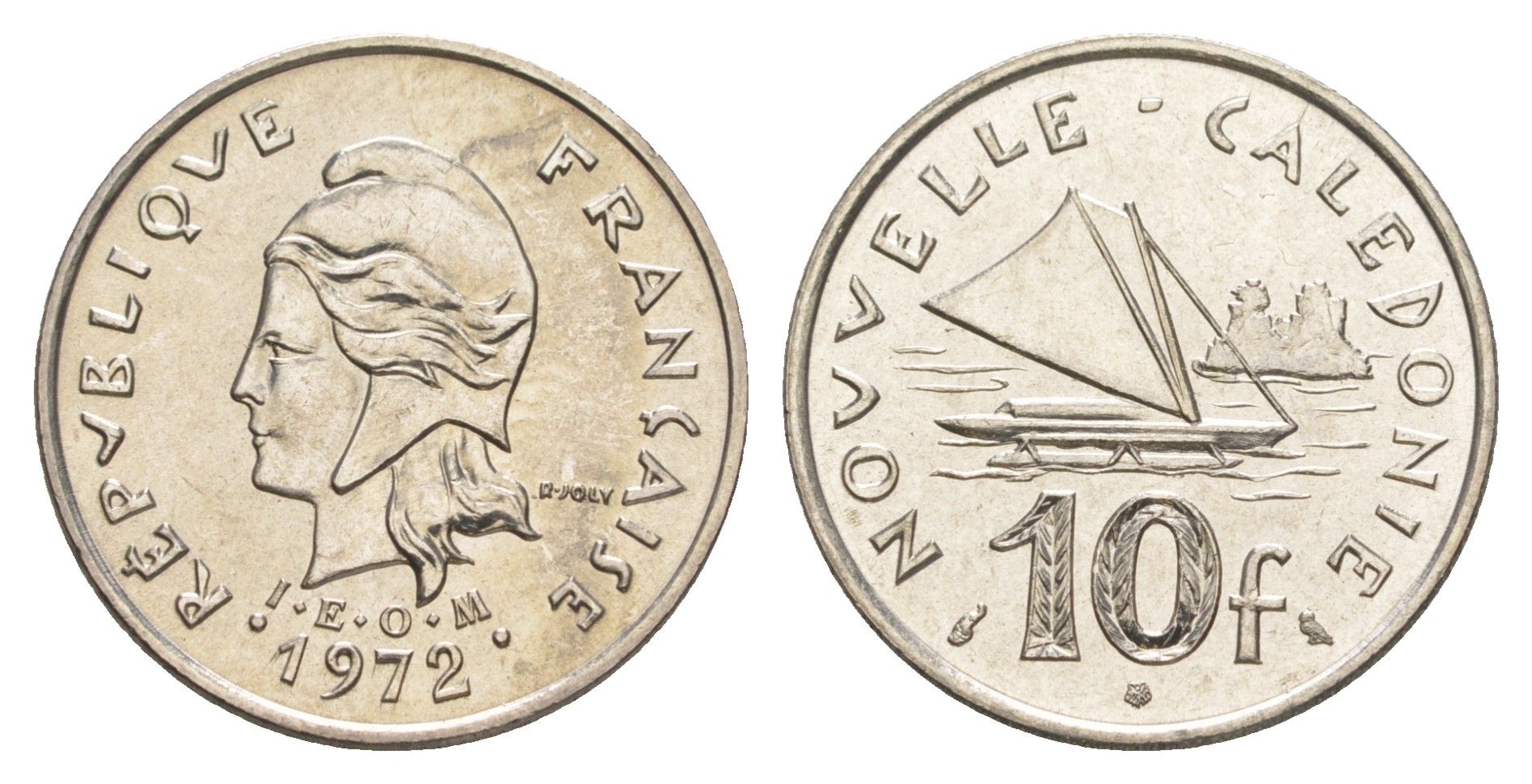 Французская Новая Каледония 10 франков 1972 лодка KM 11 никель UNC 4641-153