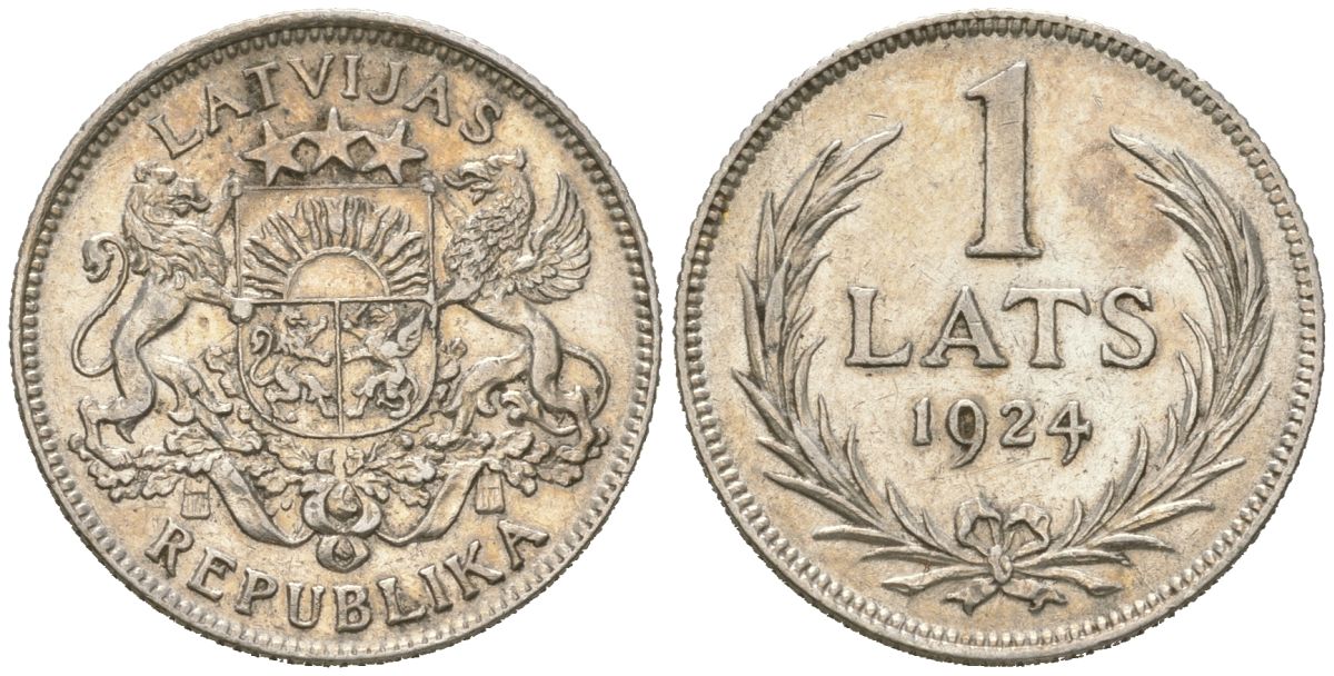 Латвия 1 лат 1924 Первая республика (1918-1939) KM 7 серебро 4561-1253