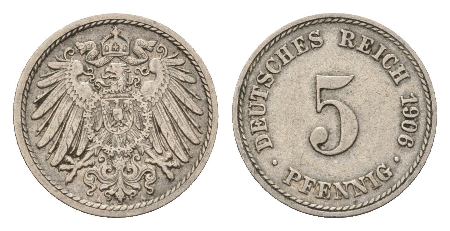 Германия 5 пфеннигов 1906 A, Вильгельм II (1888-1918) KM 11, J. 12 медно-никель 4636-114