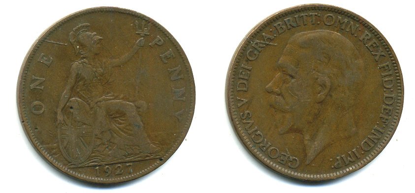 Великобритания 1 пенни 1927 Георг V (1910-1936) КМ 826, Spink 4054 бронза 41-931