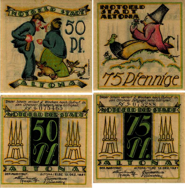 АЛЬТОНА НАБОР ИЗ 2 БАНКНОТ (50 И 75 ПФЕННИГОВ) 1921 12 ДЕКАБРЯ 1921, НОТГЕЛЬД, ОДИН ИЗ СЕМИ РАЙОНОВ ГАМБУРГА Keller 30.2 бумага 6318-25-2-1