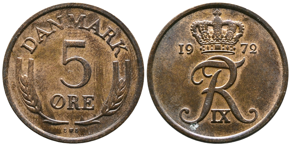 ДАНИЯ 5 ЭРЕ 1972 ФРИДЕРИК IX KM 848.2 бронза 83-1036
