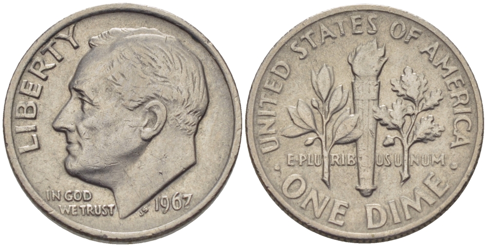 США 10 центов (дайм) 1967 Рузвельт KM 195а медь плакированная медно-никелем 66-449