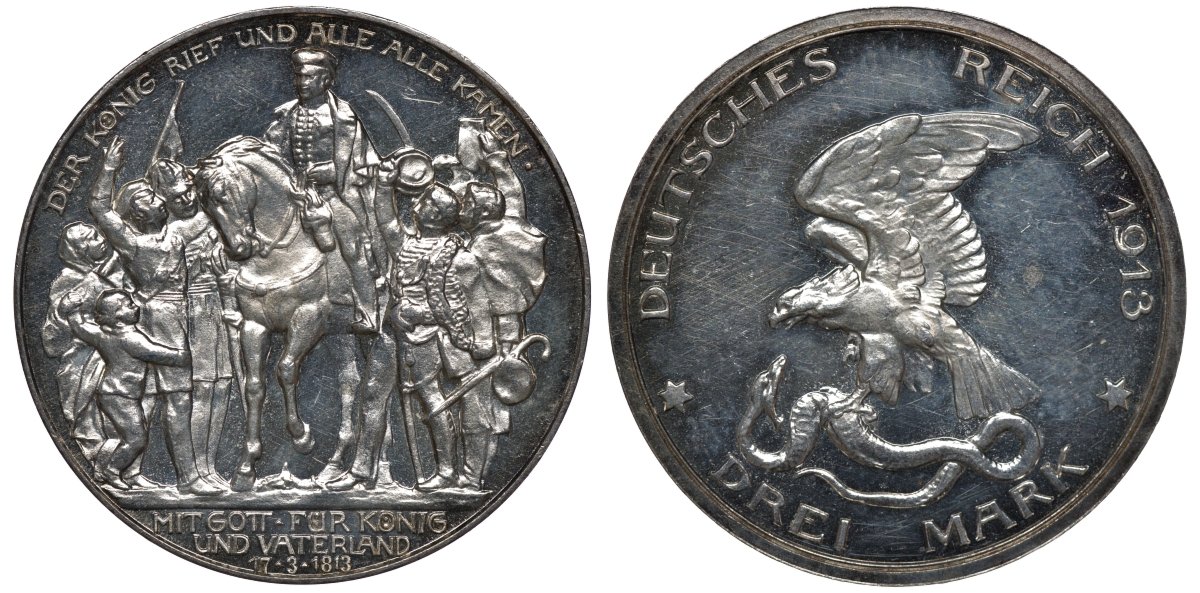 Пруссия 3 марки 1913 Вильгельм II (1888-1918), 100 лет победы над Наполеоном KM 534, J. 110 серебро PROOF 00-808-28