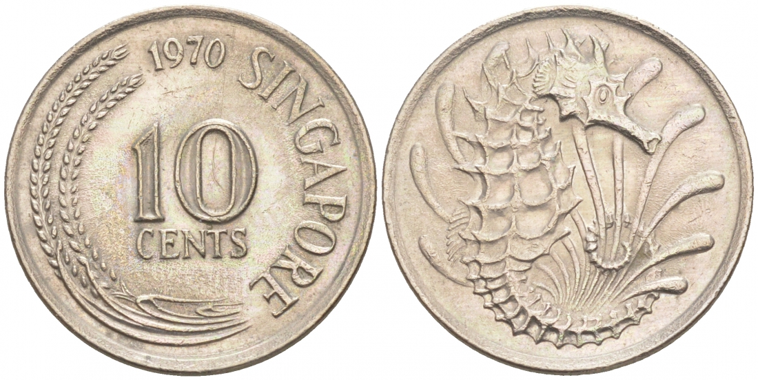 СИНГАПУР 10 ЦЕНТОВ 1970 МОРСКОЙ КОНЕК KM 3 медно-никель UNC 44-121