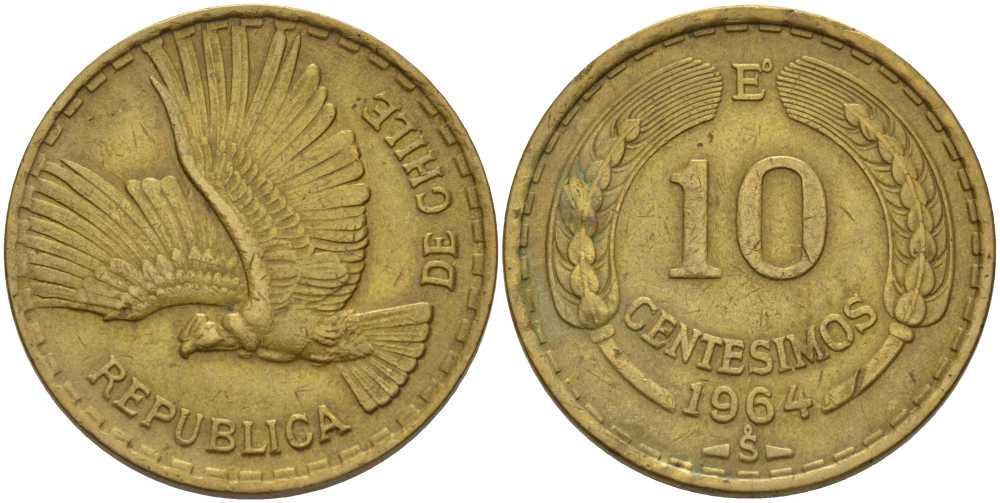 Чили 10 сентесимо 1964 Е KM 191 алюминиевая бронза 180-724