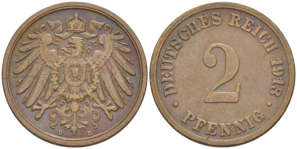 Германия 2 пфеннига 1913 D KM 16, J. 11, Weege 4 медь 206-642