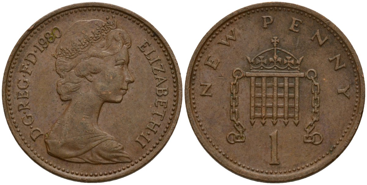 Великобритания 1 пенни 1980 Елизавета II (1952-2022) KM 915, Spink 4237 (B1) бронза 4154-966
